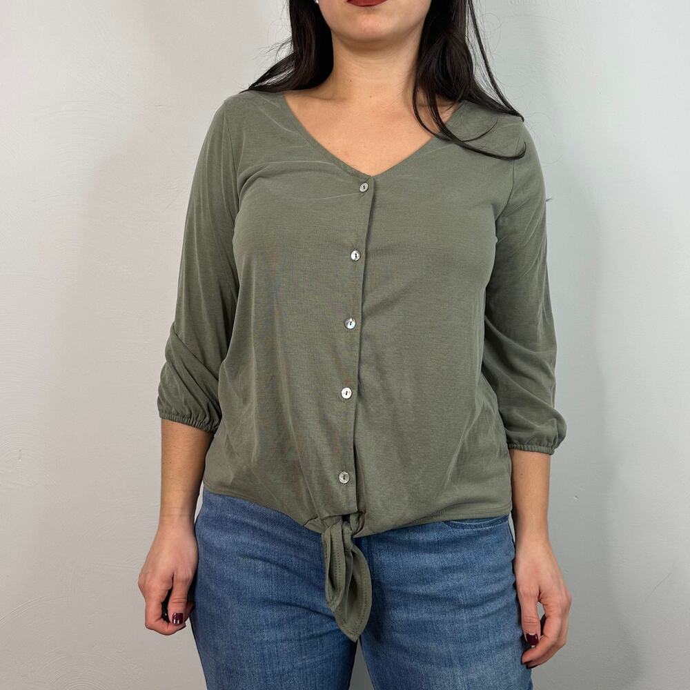 Green Envelope V-Neck Olive Green 3/4 Sleeve Tie Front Blouse